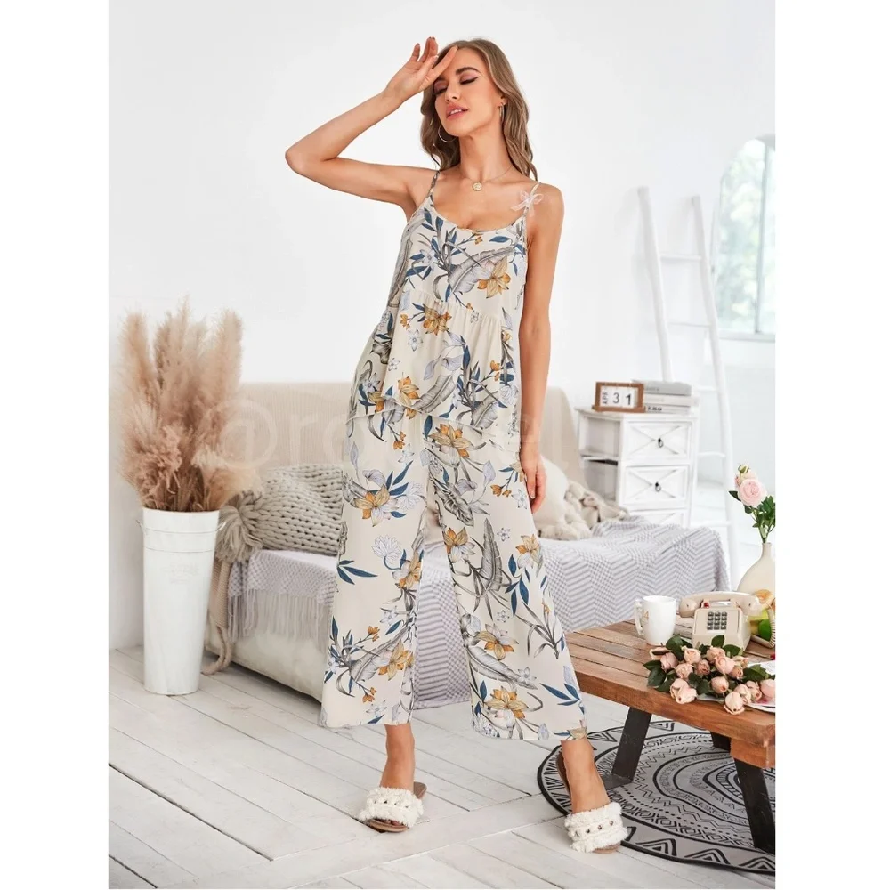 3 Piece Beige Floral Print Pajama Set - Picture 6 of 7